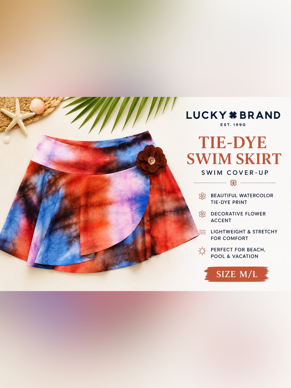 Lucky Brand Tie-Dye Swim Skirt Cover-Up w/ Flower Accent M/L